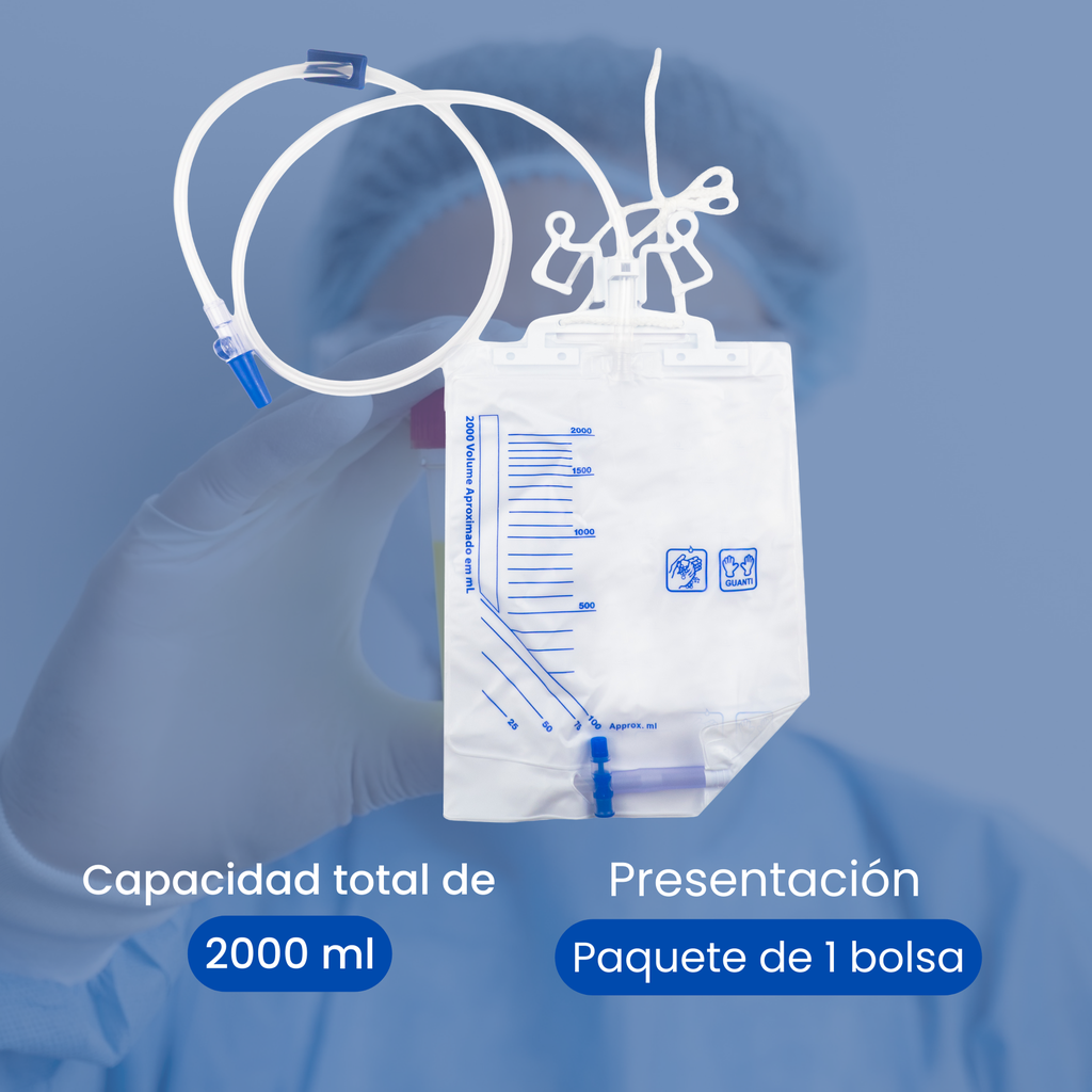 Bolsa colectora de orina con material médico libre de látex