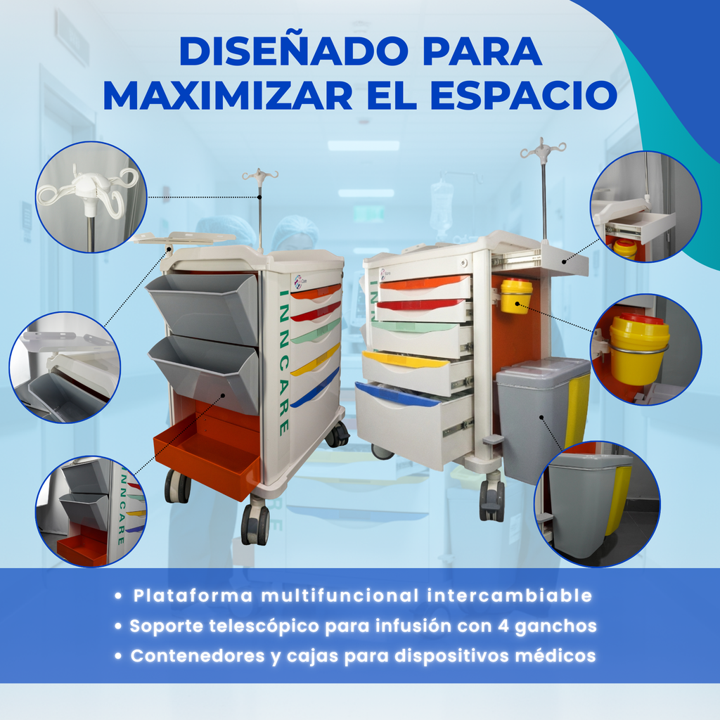 carro clínico con bandeja para desfibrilador