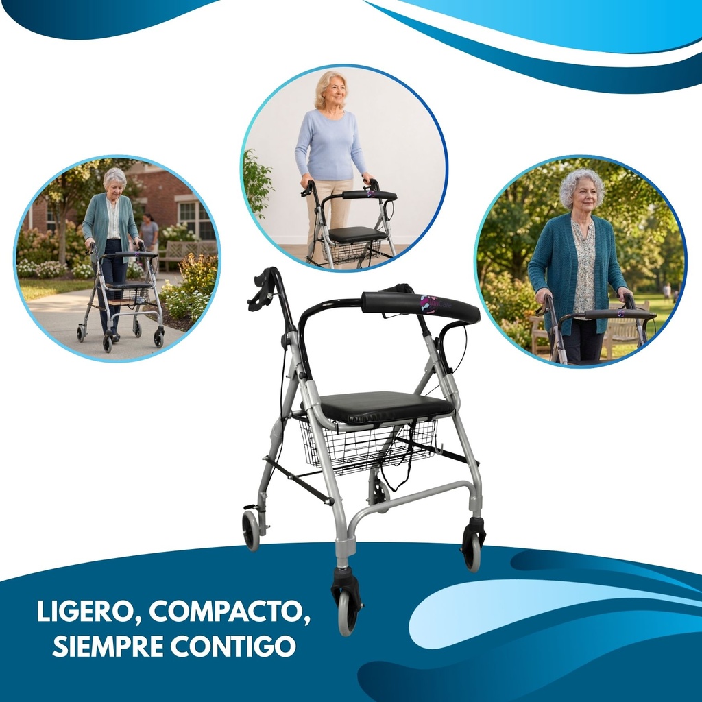andador- aluminio -4 ruedas -plegable -frenos -maneta
