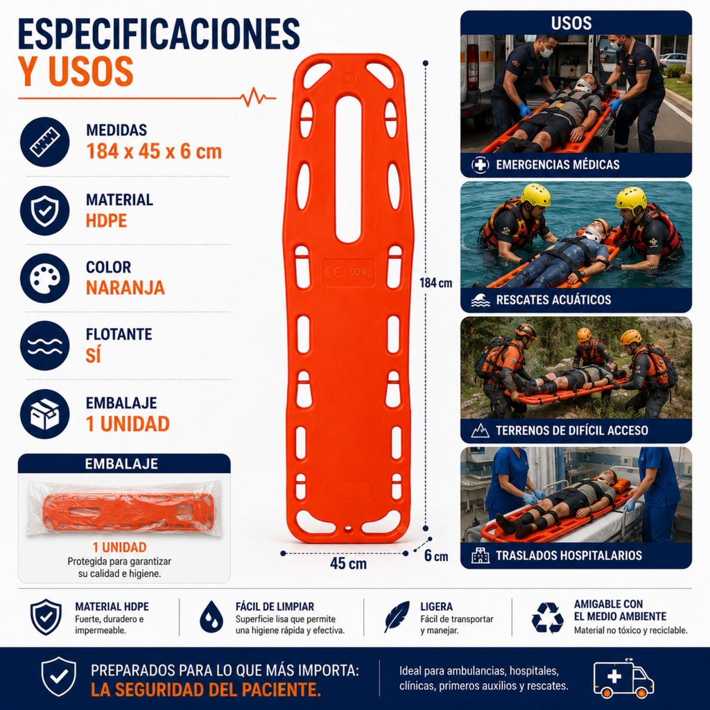 Tabla de Rescate Rígida Color Naranja