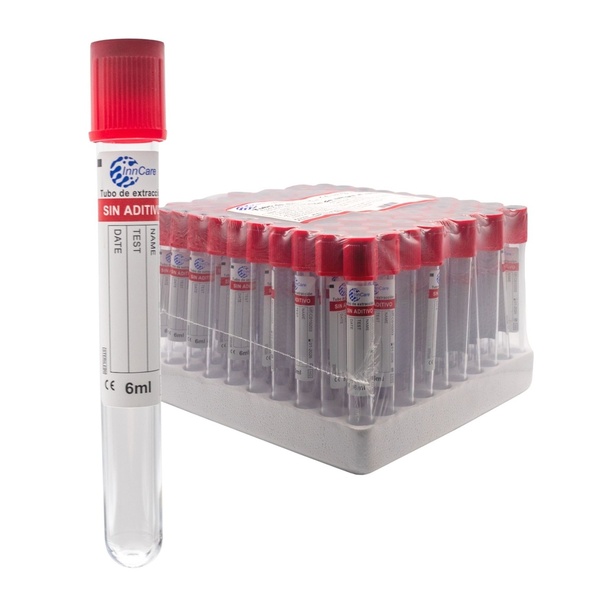 Tubo de Extracción de Sangre Rojo sin Aditivo de 6 ml InnCare (Paquete de 100)