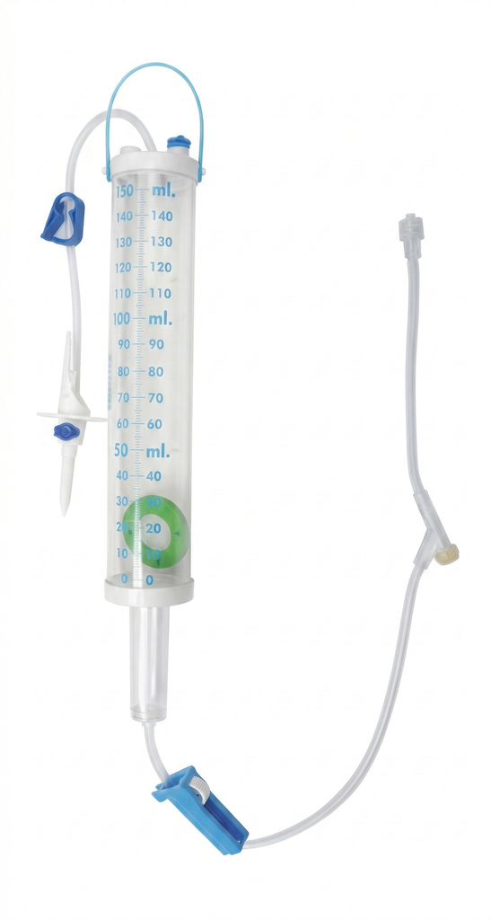 Microgotero con Bureta de 150ml, 60 Gotas (Regulador de Flujo, Sin Aguja, Luer Lock)