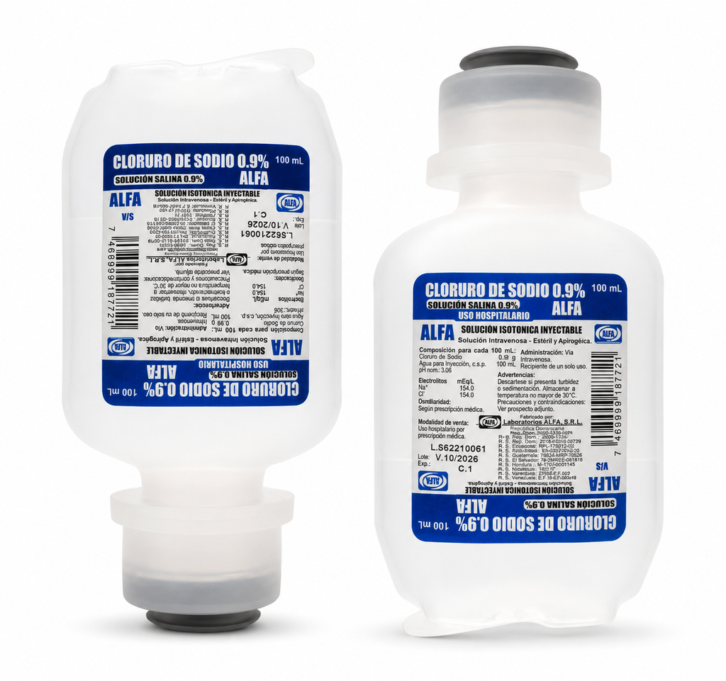 Solucion Salina al 0.9%  en Frasco de 100 ML /Cloruro de Sodio / Suero Alfa 