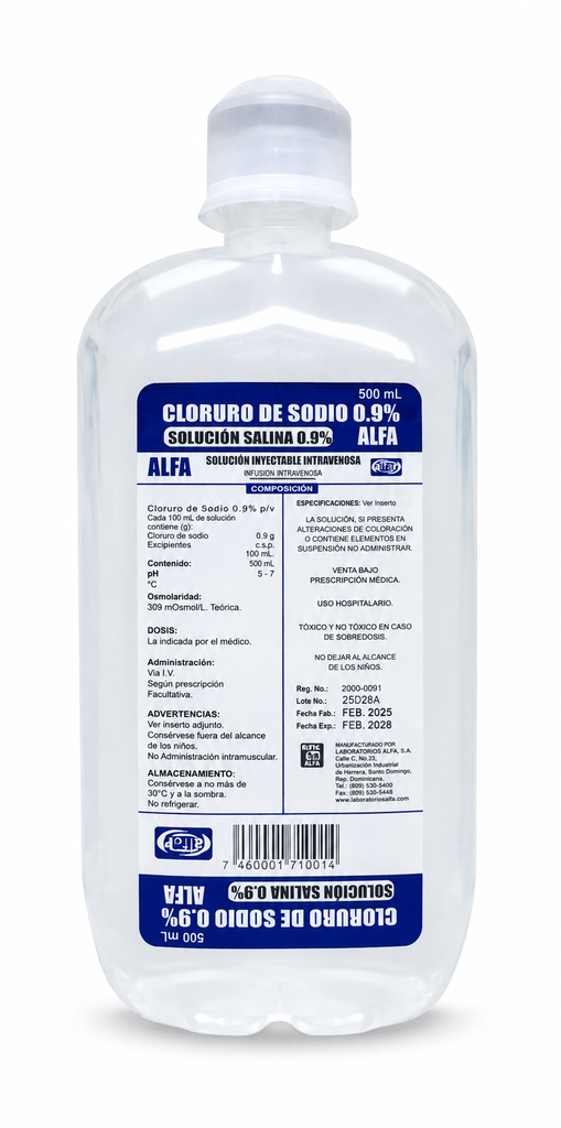 Solución Salina al 0.9%  Frasco de 500 ML /Cloruro de Sodio / Suero Alfa