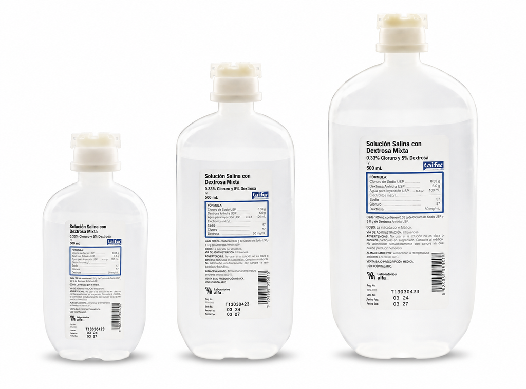 [6PJMW9] Solución Salina con Dextrosa Mixta 0.33% Cloruro y 5% Dextrosa en Frasco de 500 ML Alfa