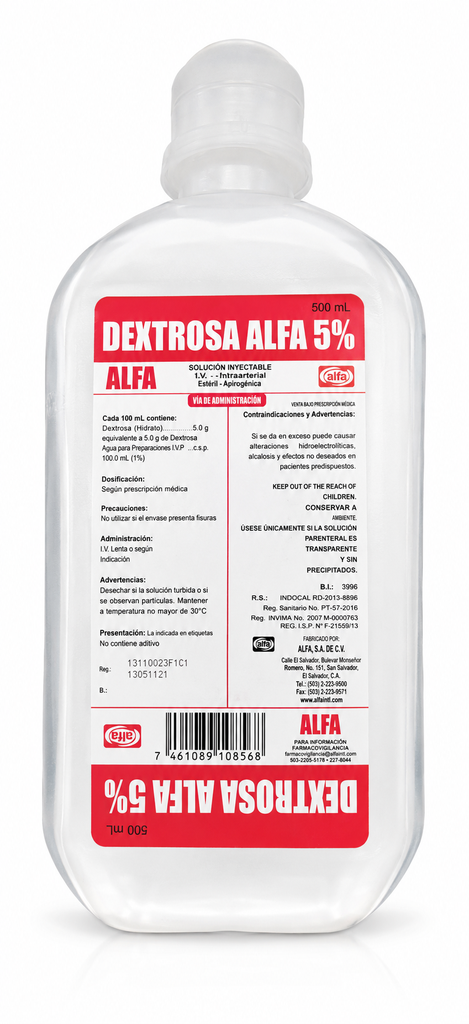 [VLXBIK] Dextrosa al 5% en Frasco de 500ML Solución Inyectable Alfa