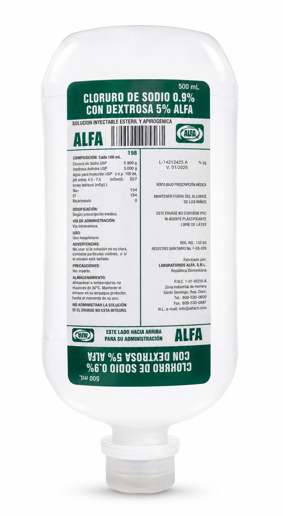 [CLORDEX500] Solucion Salina con Dextrosa Mixta 0.9% Cloruro y 5% Dextrosa en Frasco de 500 ML Alfa