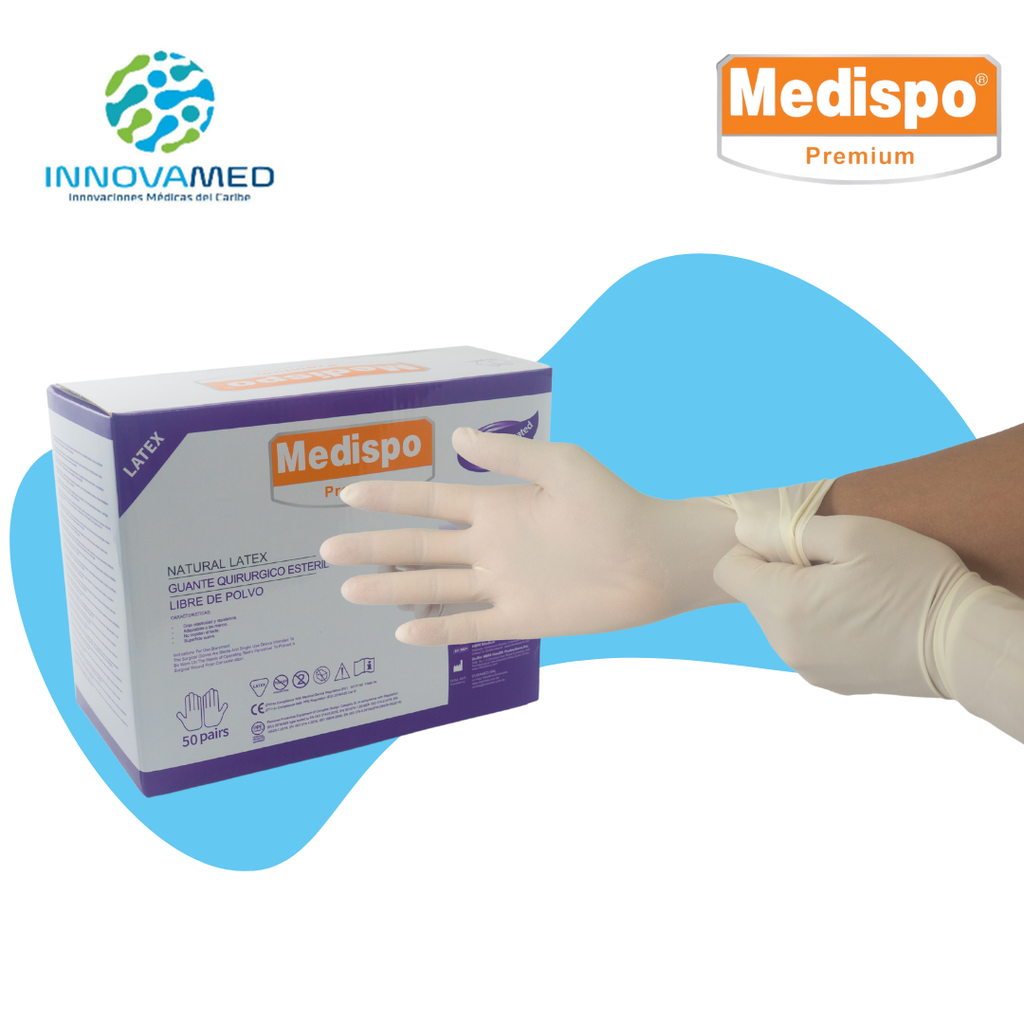 Guantes De Latex Estériles 7.5, Libre de Polvo, Par Medispo