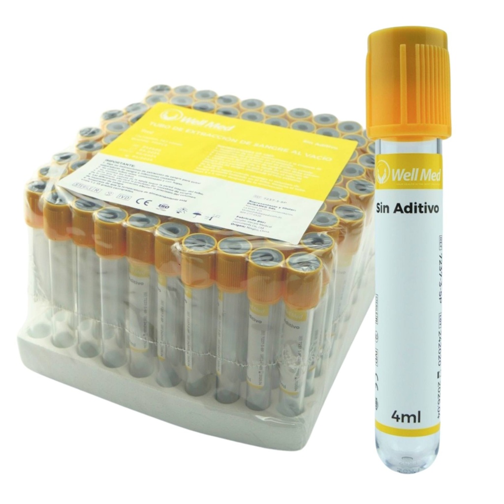 Tubo de Extracción de Sangre, 4ml, s/aditivo, Amarillo – Paquete de 100 WELL MED