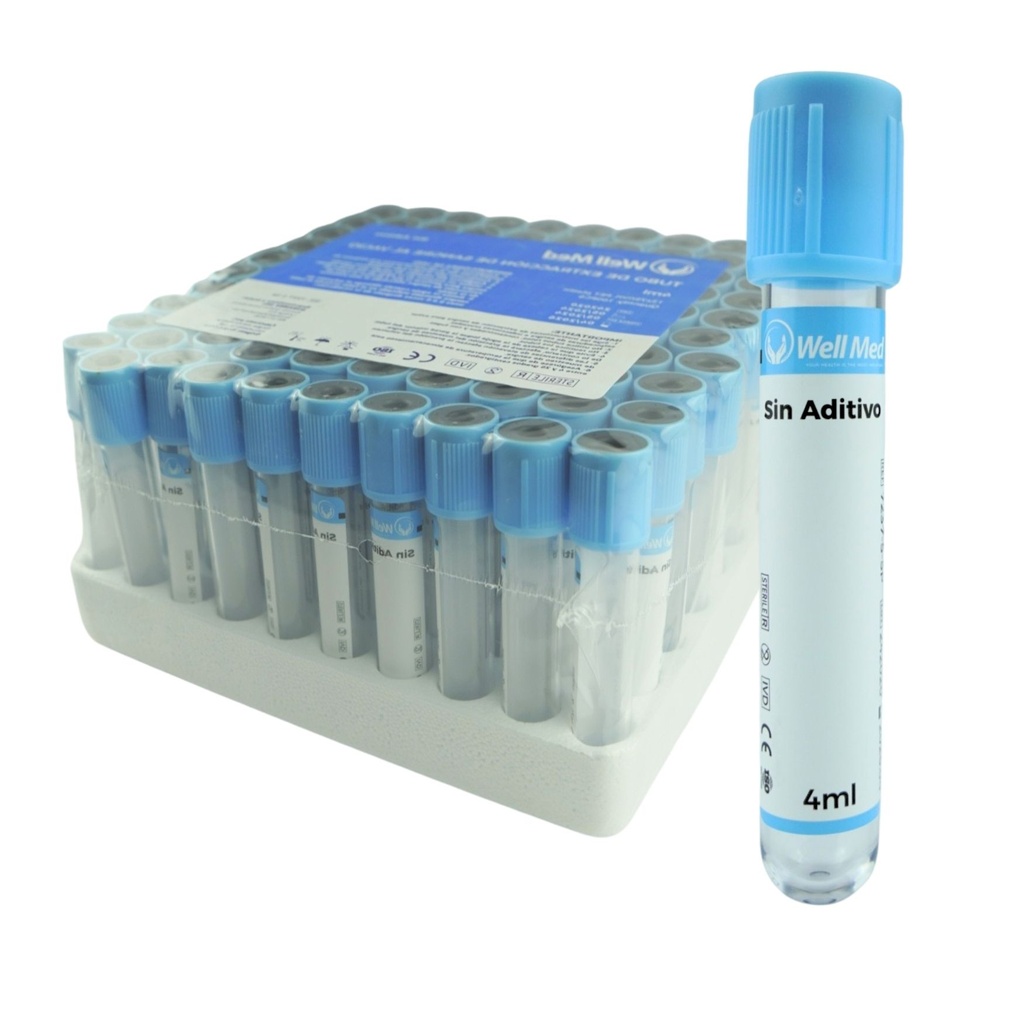 Tubo de Extracción de Sangre, 4ml, s/aditivo, Azul – Paquete de 100 WELL MED