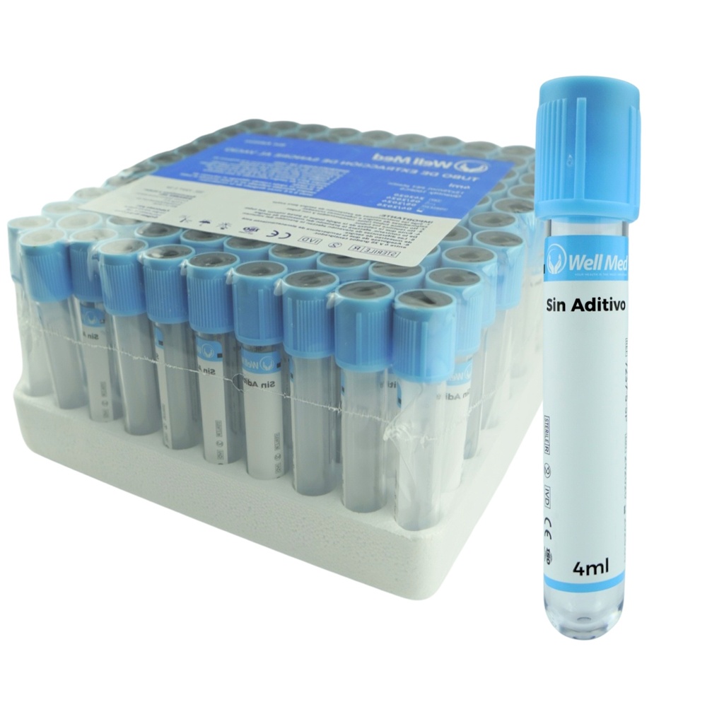 Tubo de Extracción de Sangre, 4ml, s/aditivo, Azul – Paquete de 100 WELL MED