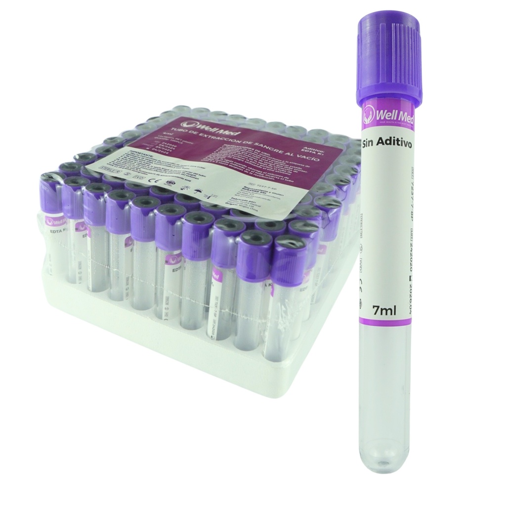 Tubo de Extracción de Sangre, 7ml, s/aditivo, Morado – Paquete de 100 WELL MED