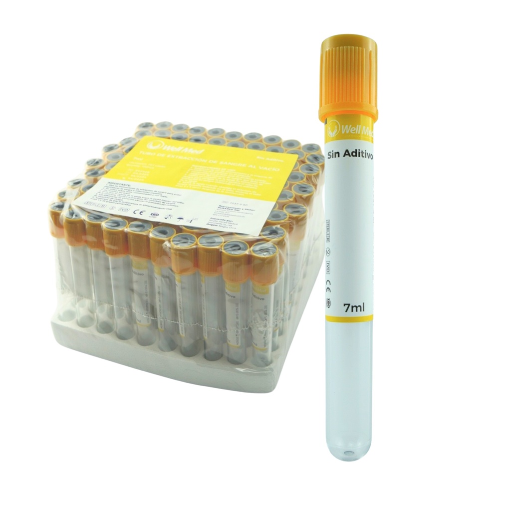 Tubo de Extracción de Sangre, 7ml, c/aditivo, Amarillo – Paquete de 100 WELL MED 