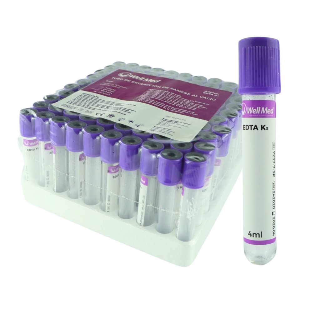 [C/ ADITIVO MORADO] Tubo de Extracción de Sangre, 4ml, c/aditivo, Morado – Paquete de 100 WELL MED  
