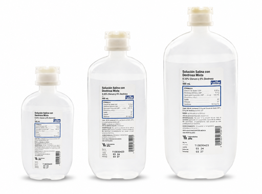 [6PJMW9] Solución Salina con Dextrosa Mixta 0.33% Cloruro y 5% Dextrosa en Frasco de 500 ML Alfa