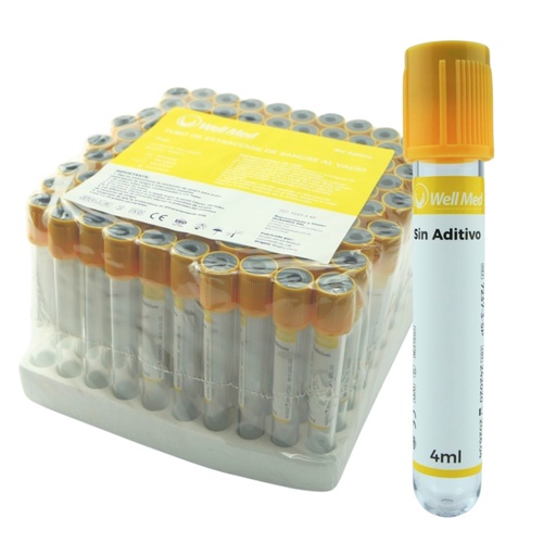 [MGLABWM06] Tubo de Extracción de Sangre, 4ml, s/aditivo, Amarillo – Paquete de 100 WELL MED