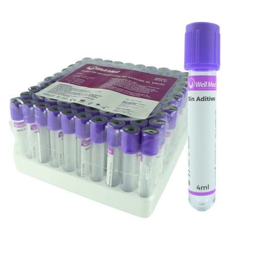 [MGLABWM08] Tubo de Extracción de Sangre, 4ml, s/aditivo, Morado – Paquete de 100 WELL MED